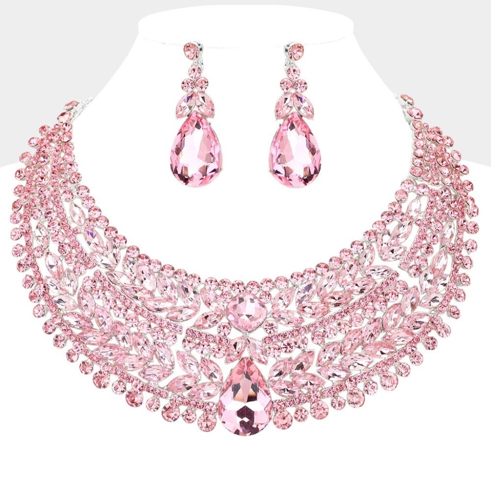 Teardrop Stone Accented Marquise Round Stone Embellished Chunky Collar Necklace